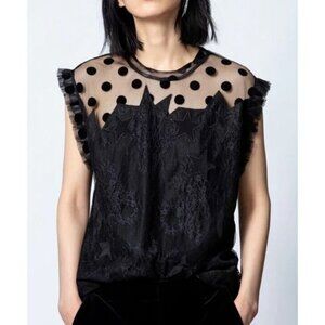 ZADIG & VOLTAIRE Tetro Lace Illusion Top Black Stars Dots Sz M